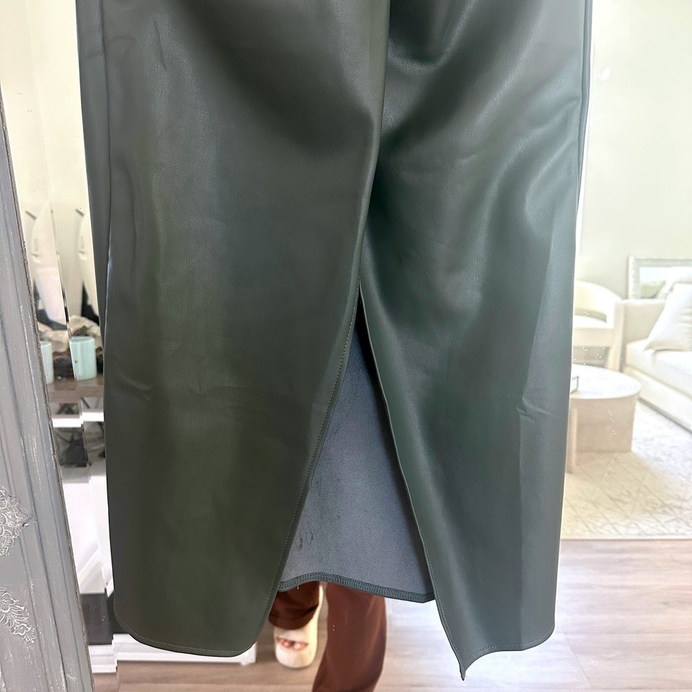 Kirious Olive Green‎ Vegan Leather Midi Skirt Knot Front Back Slit Size Small - Picture 3 of 7